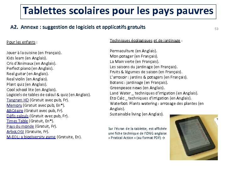 Tablettes scolaires pour les pays pauvres A 2. Annexe : suggestion de logiciels et