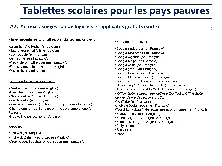 Tablettes scolaires pour les pays pauvres A 2. Annexe : suggestion de logiciels et