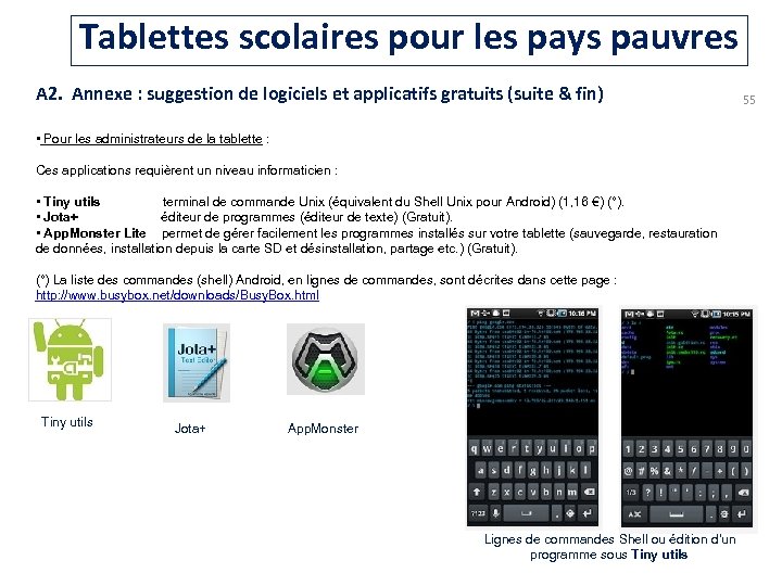 Tablettes scolaires pour les pays pauvres A 2. Annexe : suggestion de logiciels et