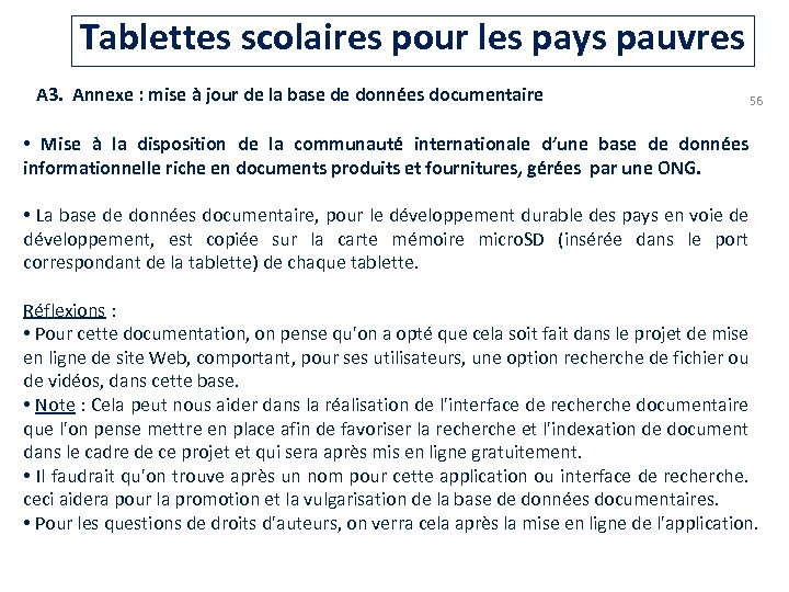 Tablettes scolaires pour les pays pauvres A 3. Annexe : mise à jour de