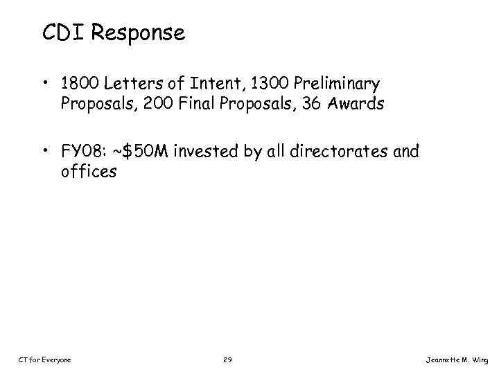 CDI Response • 1800 Letters of Intent, 1300 Preliminary Proposals, 200 Final Proposals, 36