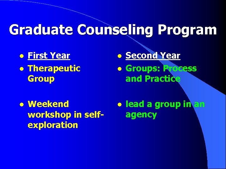 Graduate Counseling Program l l l First Year Therapeutic Group l Weekend workshop in