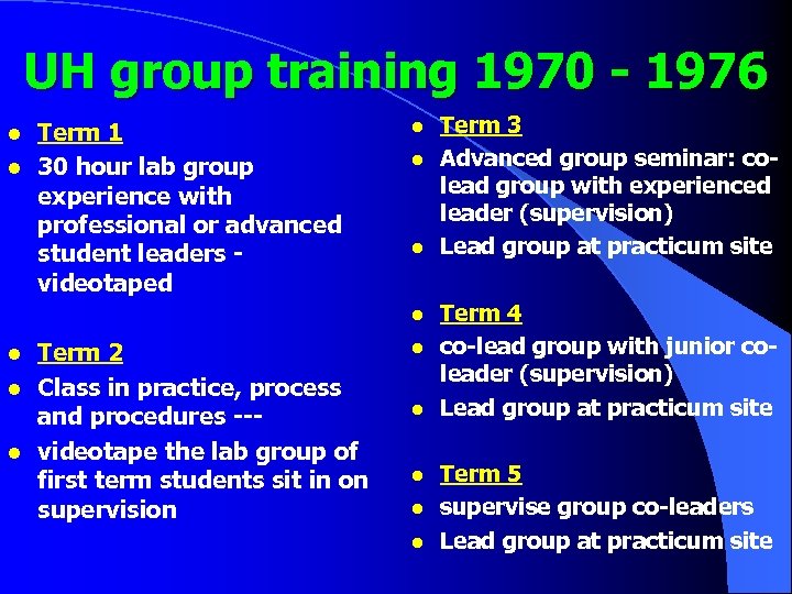 UH group training 1970 - 1976 l l Term 1 30 hour lab group