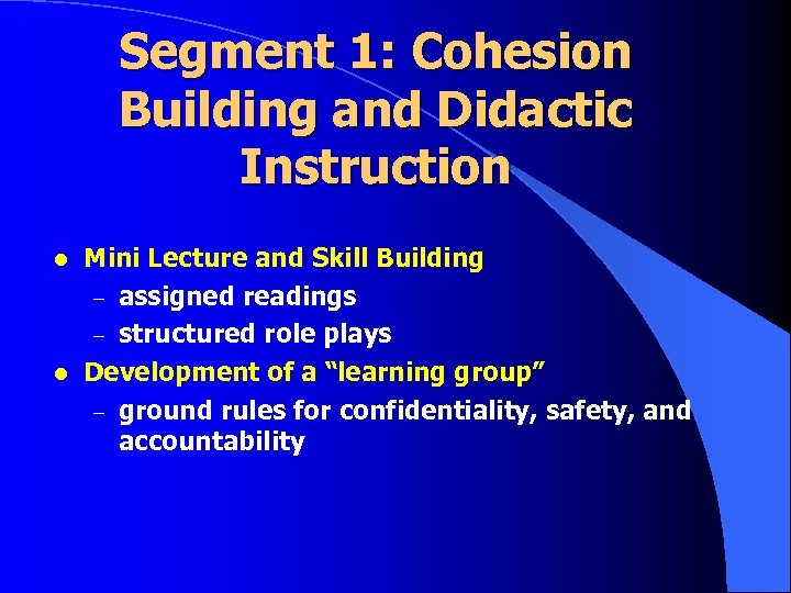 Segment 1: Cohesion Building and Didactic Instruction l l Mini Lecture and Skill Building
