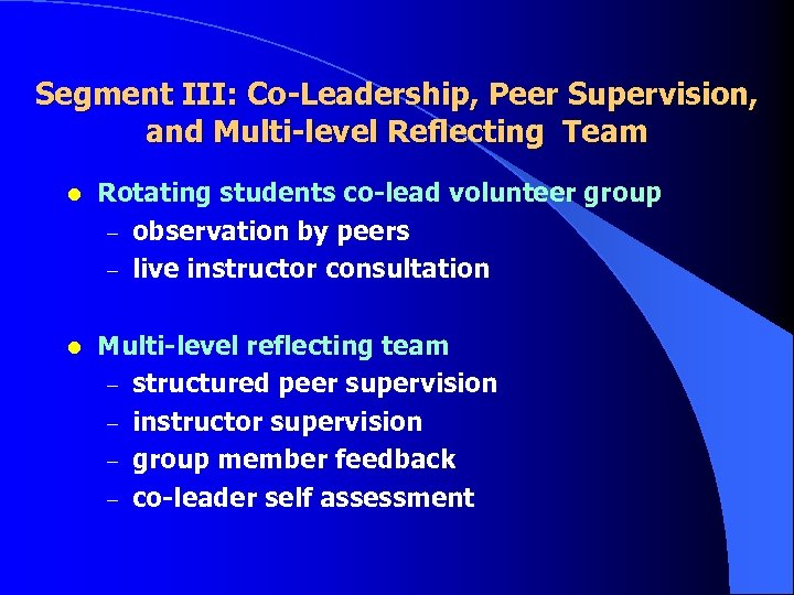 Segment III: Co-Leadership, Peer Supervision, and Multi-level Reflecting Team l Rotating students co-lead volunteer