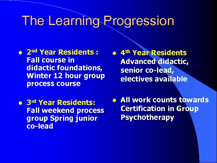 The Learning Progression l 2 nd Year Residents : Fall course in didactic foundations,