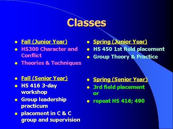 Classes l l l l Fall (Junior Year) HS 300 Character and Conflict Theories