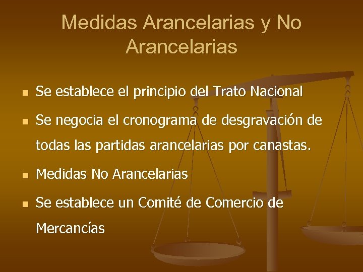Medidas Arancelarias y No Arancelarias n Se establece el principio del Trato Nacional n