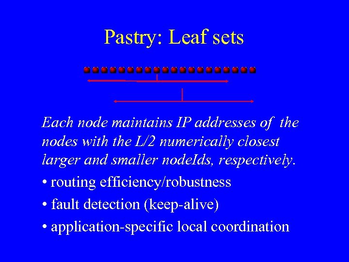 Pastry: Leaf sets Each node maintains IP addresses of the nodes with the L/2