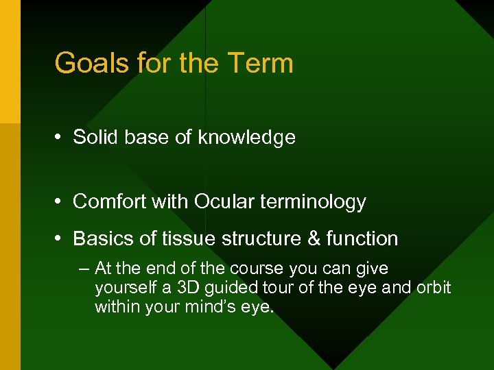 Goals for the Term • Solid base of knowledge • Comfort with Ocular terminology