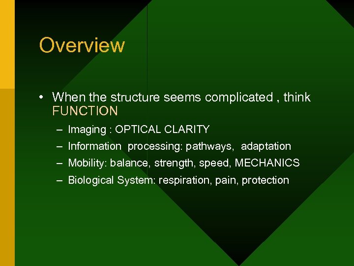 Overview • When the structure seems complicated , think FUNCTION – Imaging : OPTICAL