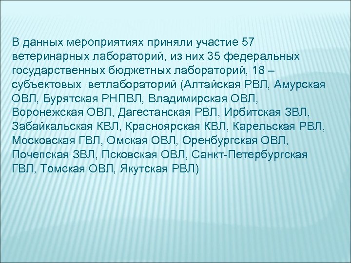 В данных мероприятиях приняли участие 57 ветеринарных лабораторий, из них 35 федеральных государственных бюджетных