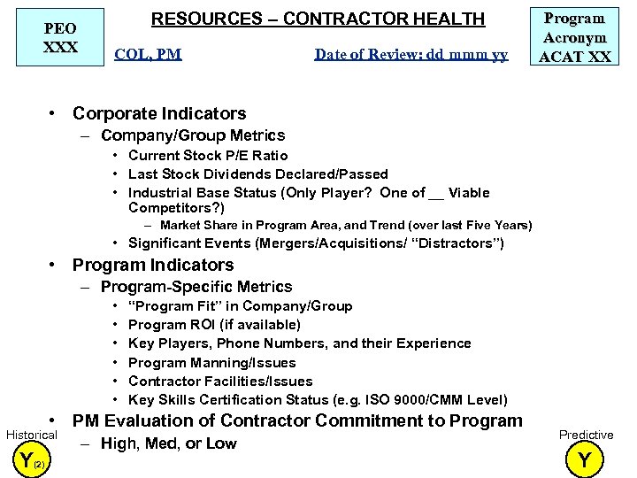 PEO XXX RESOURCES – CONTRACTOR HEALTH COL, PM Date of Review: dd mmm yy