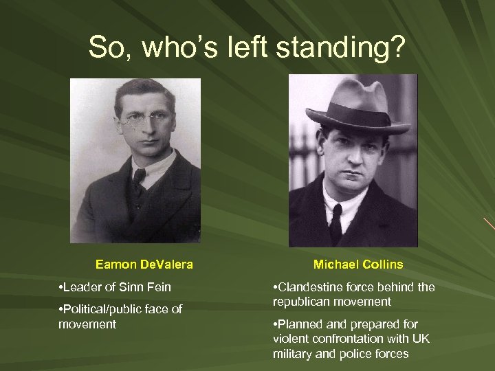 So, who’s left standing? Eamon De. Valera • Leader of Sinn Fein • Political/public