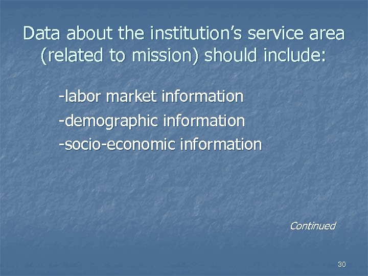 Data about the institution’s service area (related to mission) should include: -labor market information