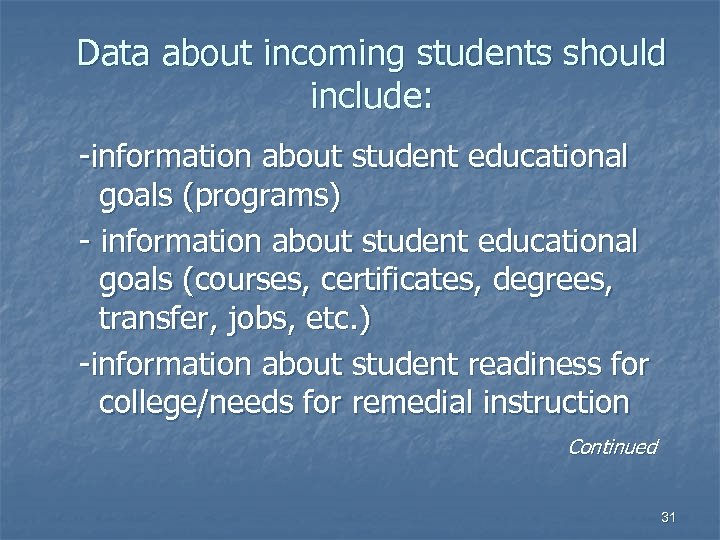 Data about incoming students should include: -information about student educational goals (programs) - information