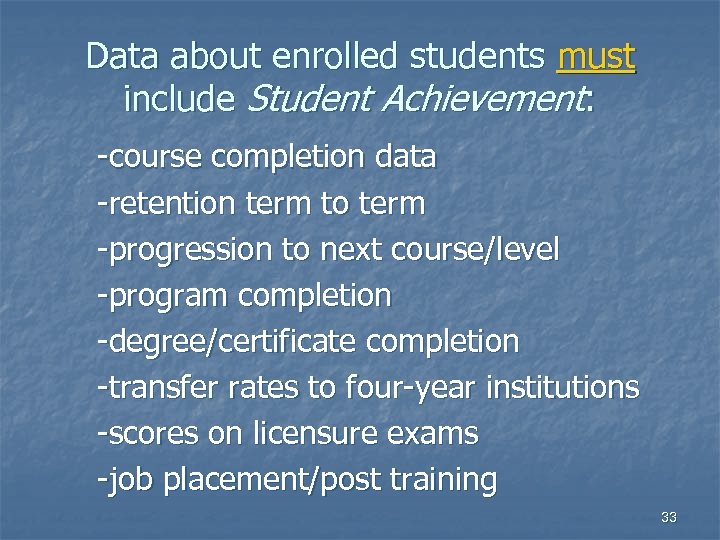 Data about enrolled students must include Student Achievement: -course completion data -retention term to
