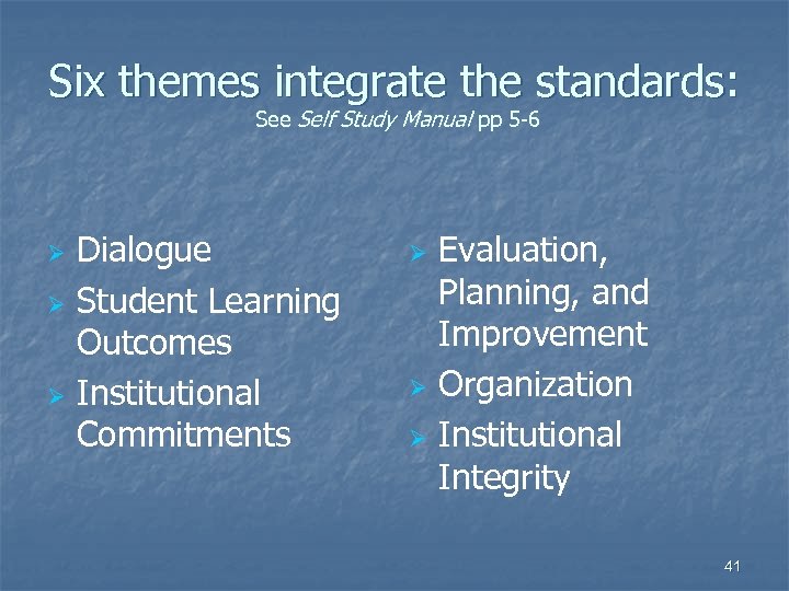 Six themes integrate the standards: See Self Study Manual pp 5 -6 Ø Ø