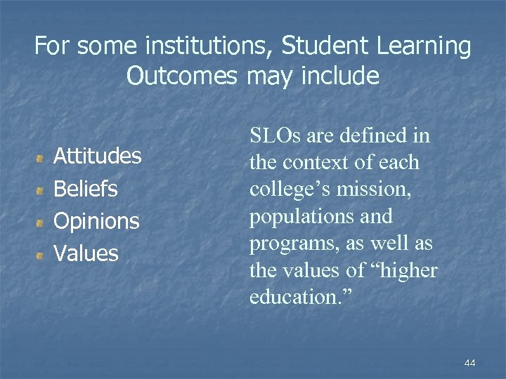 For some institutions, Student Learning Outcomes may include Attitudes Beliefs Opinions Values SLOs are