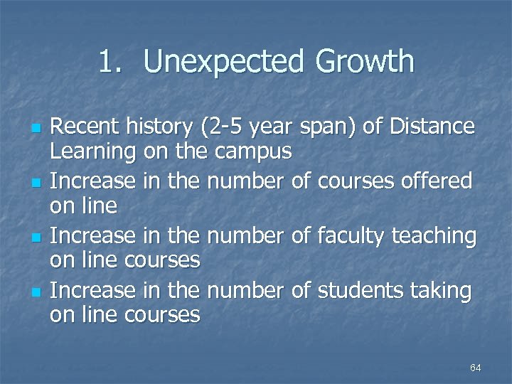 1. Unexpected Growth n n Recent history (2 -5 year span) of Distance Learning