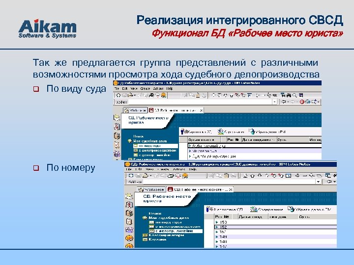Реализация интегрированного СВСД Функционал БД «Рабочее место юриста» Так же предлагается группа представлений с