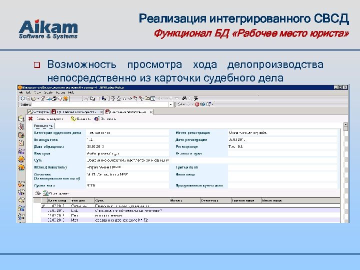 Реализация интегрированного СВСД Функционал БД «Рабочее место юриста» q Возможность просмотра хода делопроизводства непосредственно