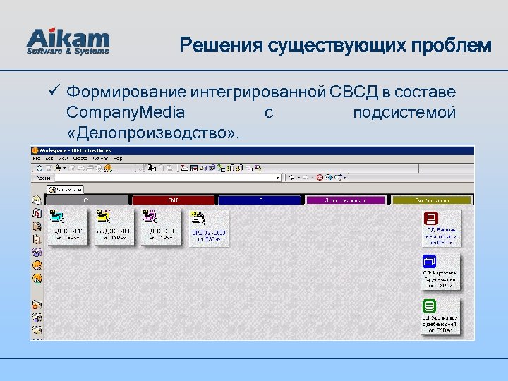 Решения существующих проблем ü Формирование интегрированной СВСД в составе Company. Media с подсистемой «Делопроизводство»