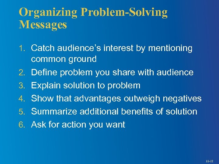 Organizing Problem-Solving Messages 1. Catch audience’s interest by mentioning 2. 3. 4. 5. 6.