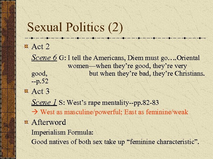 Sexual Politics (2) Act 2 Scene 6 G: I tell the Americans, Diem must