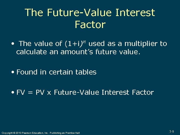 The Future-Value Interest Factor The value of (1+i)n used as a multiplier to calculate