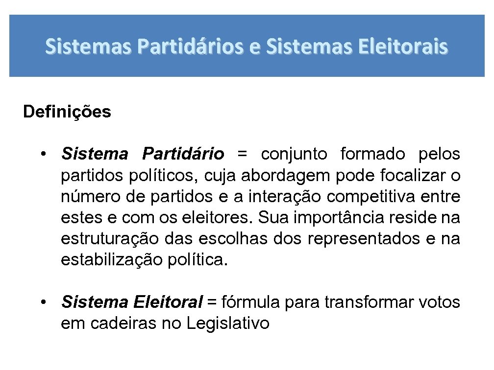 Sistemas Partidários e Sistemas Eleitorais Definições • Sistema Partidário = conjunto formado pelos partidos