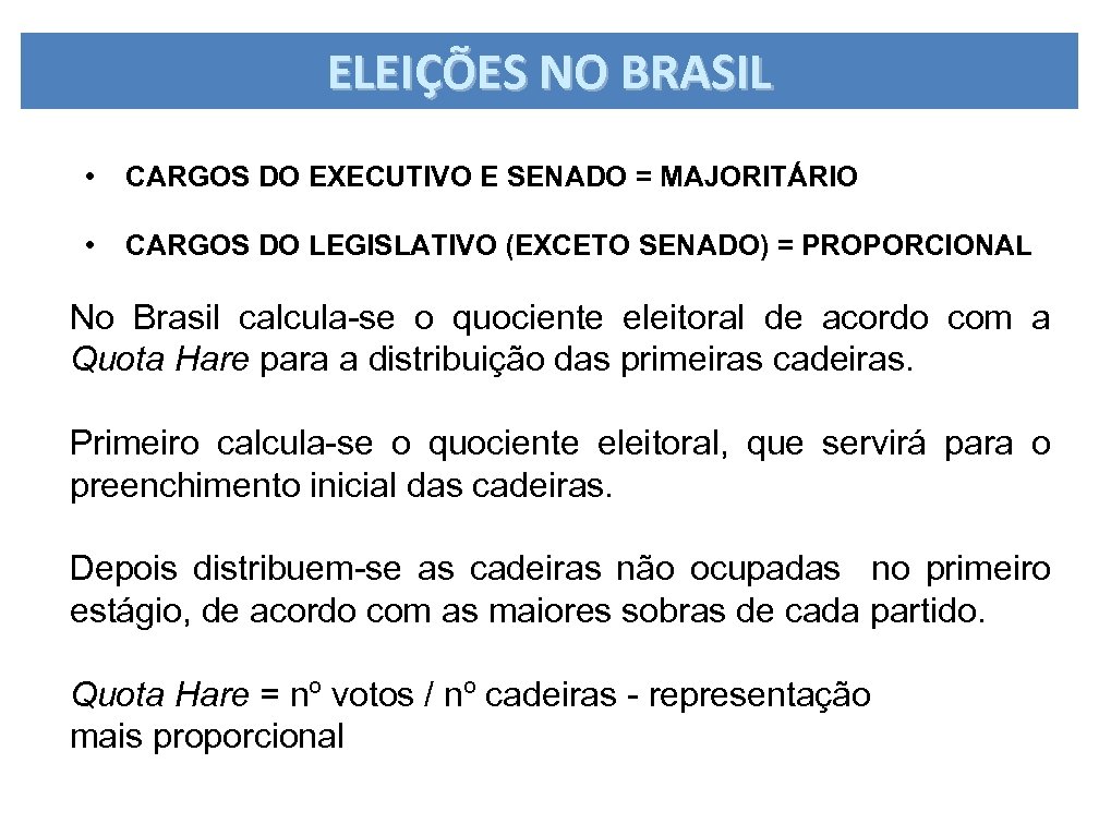 ELEIÇÕES NO BRASIL • CARGOS DO EXECUTIVO E SENADO = MAJORITÁRIO • CARGOS DO