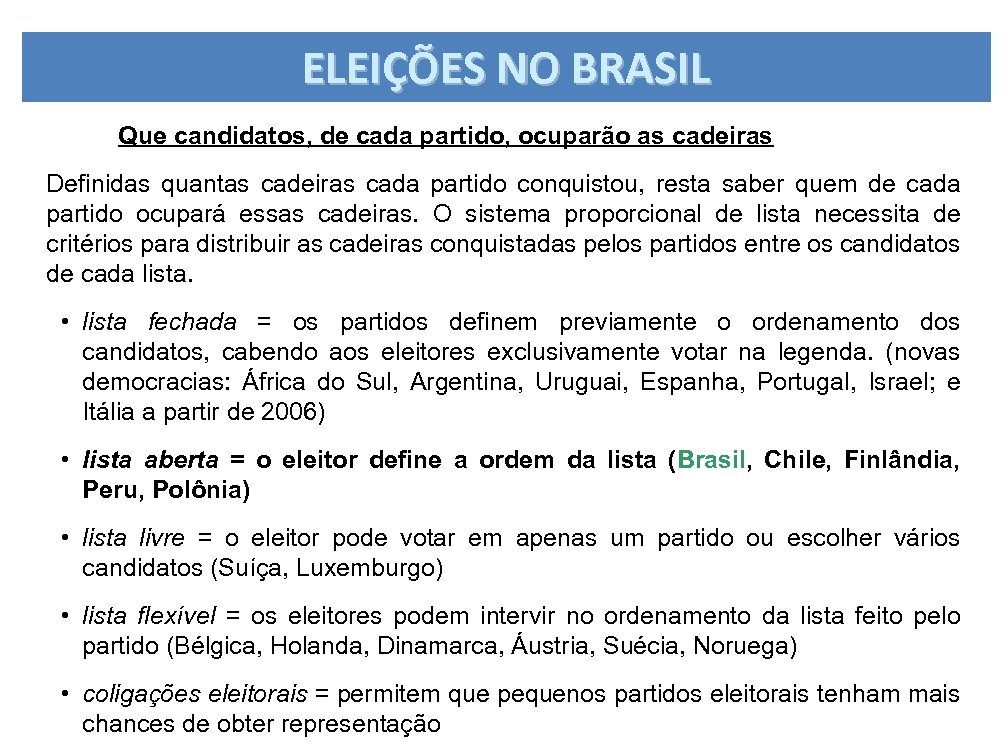 ELEIÇÕES NO BRASIL Que candidatos, de cada partido, ocuparão as cadeiras Definidas quantas cadeiras