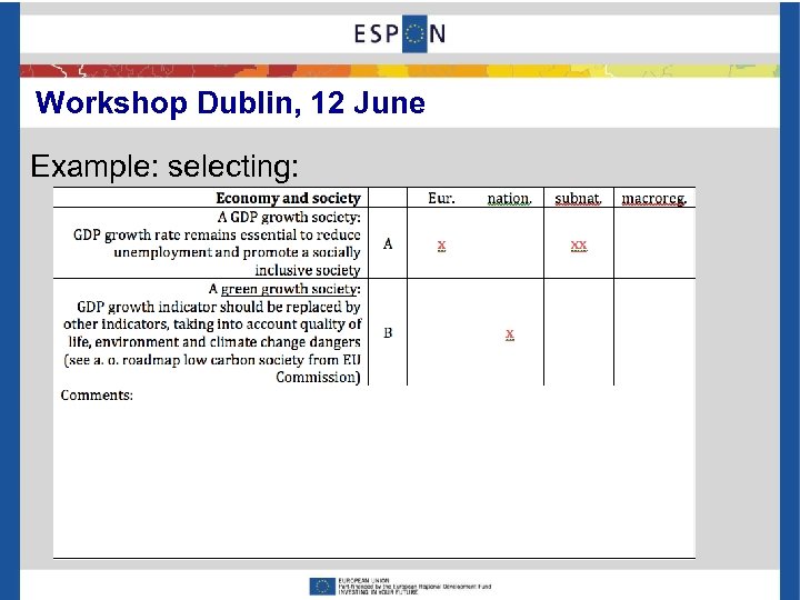 Workshop Dublin, 12 June Example: selecting: 