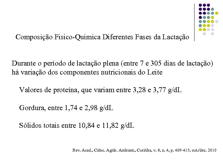 Composição Fisico-Quimica Diferentes Fases da Lactação Durante o período de lactação plena (entre 7