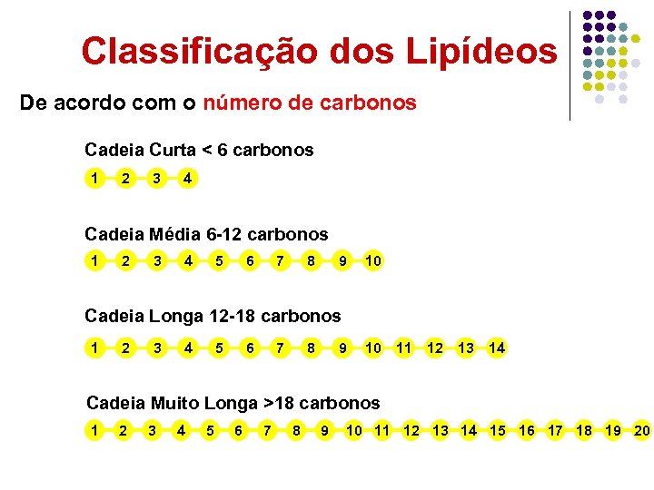 Classificação dos Lipídeos De acordo com o número de carbonos Cadeia Curta < 6