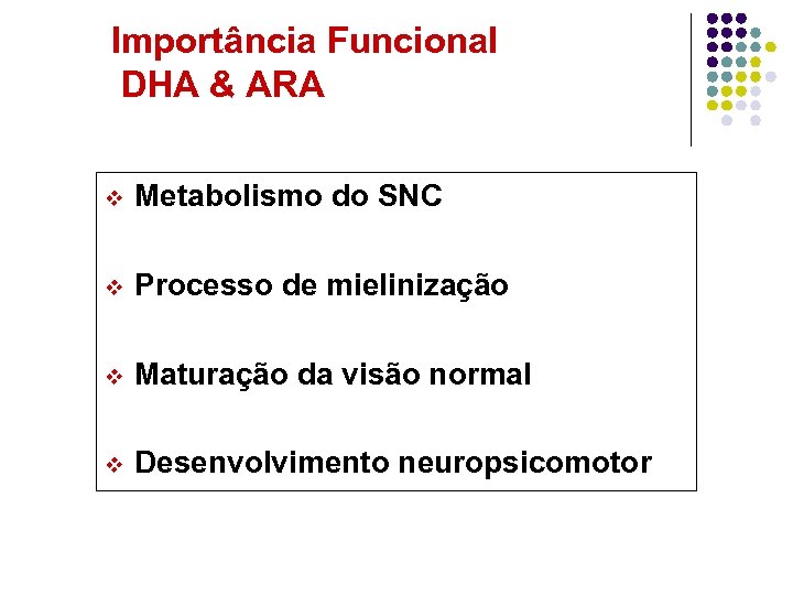 Importância Funcional DHA & ARA v Metabolismo do SNC v Processo de mielinização v
