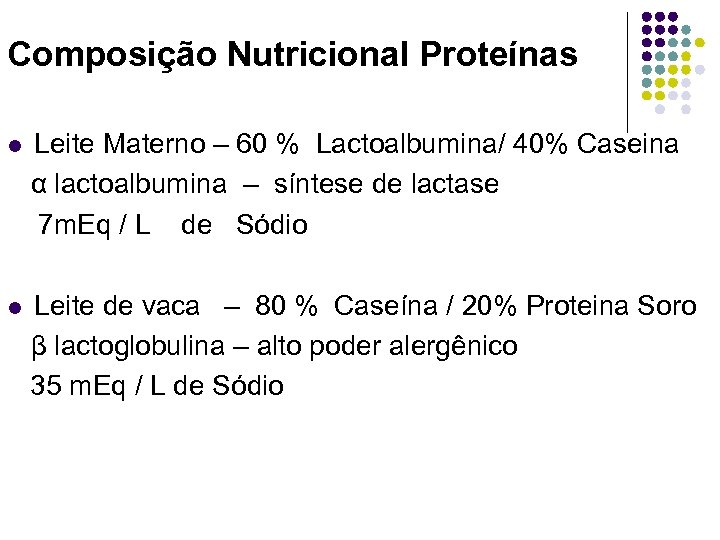 Composição Nutricional Proteínas Leite Materno – 60 % Lactoalbumina/ 40% Caseina α lactoalbumina –