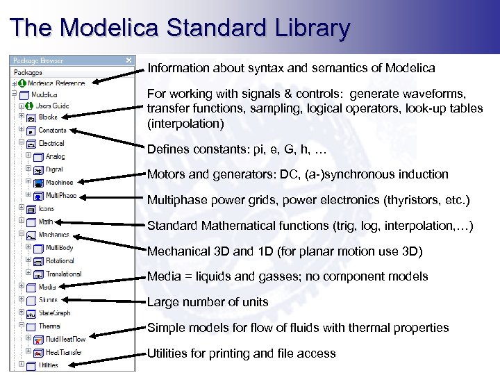 The Modelica Standard Library Information about syntax and semantics of Modelica For working with