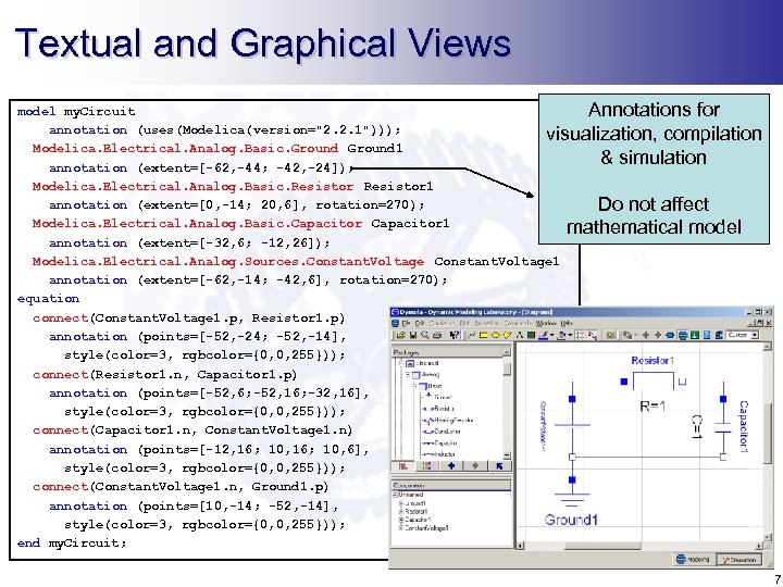 Textual and Graphical Views model my. Circuit Annotations for annotation (uses(Modelica(version="2. 2. 1"))); visualization,