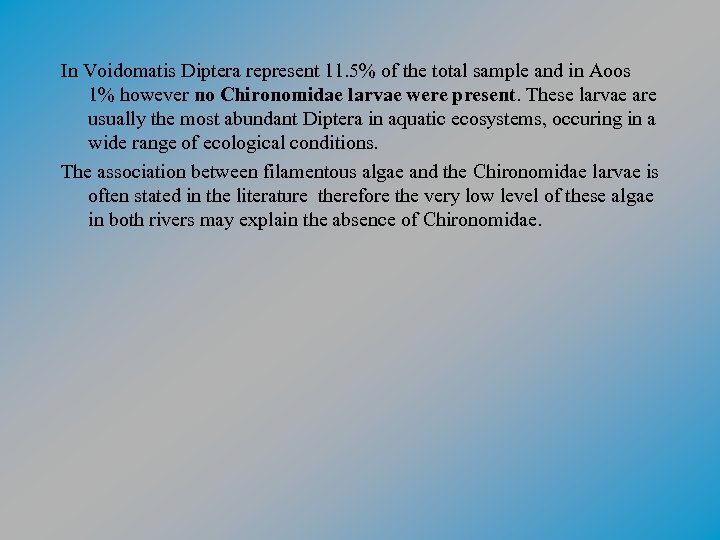 In Voidomatis Diptera represent 11. 5% of the total sample and in Aoos 1%