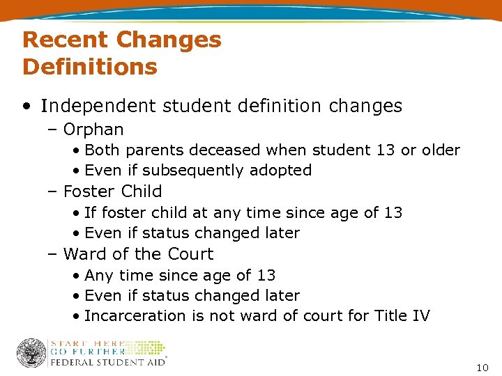 Recent Changes Definitions • Independent student definition changes – Orphan • Both parents deceased