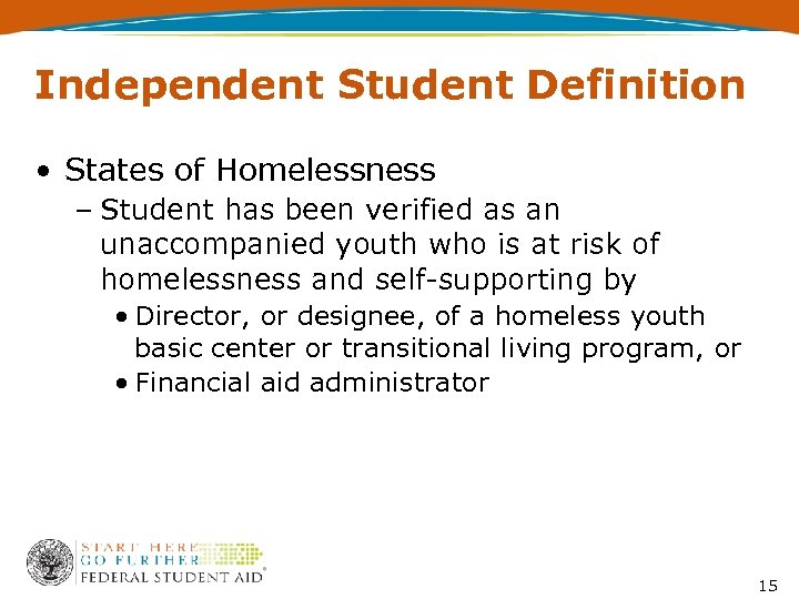 Independent Student Definition • States of Homelessness – Student has been verified as an