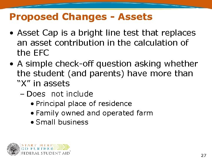 Proposed Changes - Assets • Asset Cap is a bright line test that replaces
