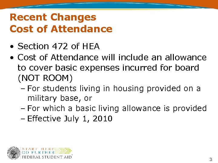 Recent Changes Cost of Attendance • Section 472 of HEA • Cost of Attendance