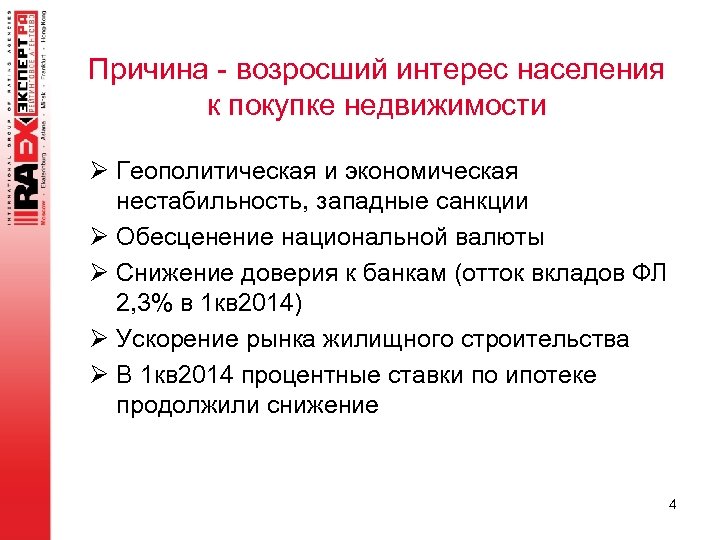 Причина - возросший интерес населения к покупке недвижимости Ø Геополитическая и экономическая нестабильность, западные