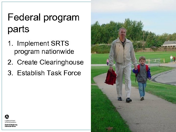 Federal program parts 1. Implement SRTS program nationwide 2. Create Clearinghouse 3. Establish Task