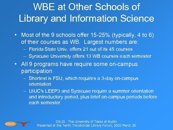 WBE at Other Schools of Library and Information Science • Most of the 9