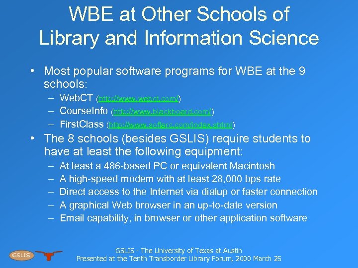 WBE at Other Schools of Library and Information Science • Most popular software programs