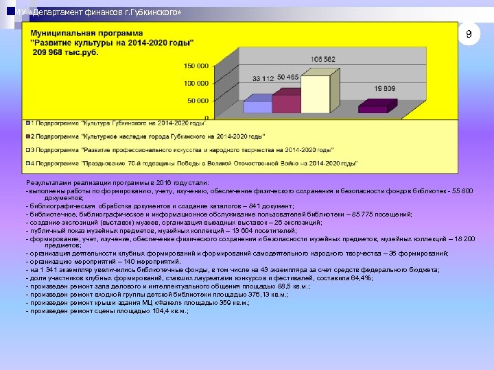МУ «Департамент финансов г. Губкинского» 9 Результатами реализации программы в 2016 году стали: -выполнены